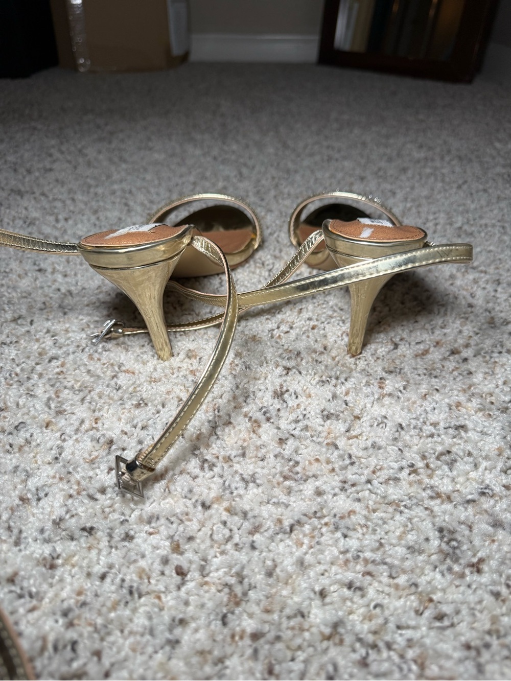 Steve Madden Metallic Gold Rhinestone Strap Ankle-Heel Sandals - Picture 4 of 10